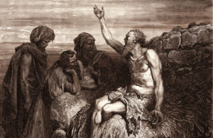 LZT1035717 Job and His Friends, by Gustave DorÃ©, 1832 - 1883, French. Engraving for the Bible. 1870, Art, Artist, Holy Book, Religion, Religious, Christianity, Christian, Romanticism, Colour, Color Engraving by Dore, Gustave (1832-83); Private Collection; Photo Â© Liszt Collection; French,  out of copyright